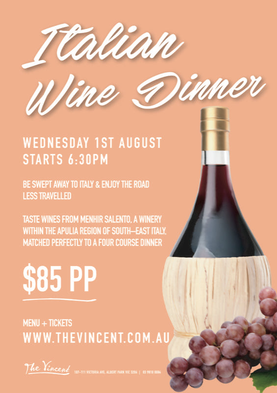 Italian Wine Dinner featuring Menhir Wines @The Vincent